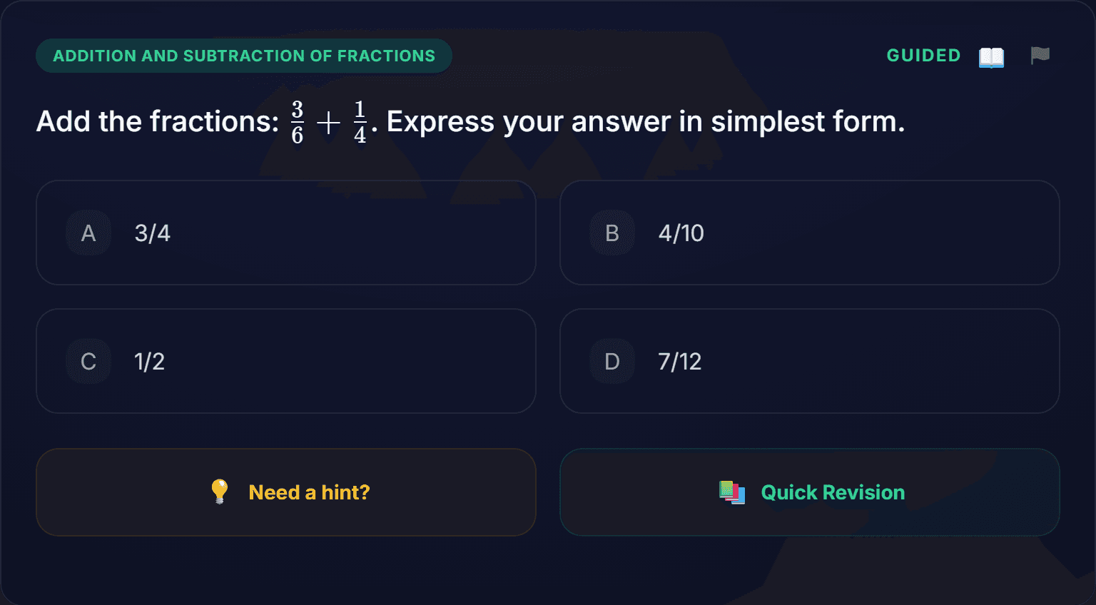 LurnIt practice card: add the fractions 3/6 + 1/4, with four multiple-choice options