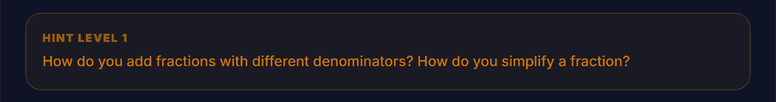 Hint Level 1 panel: How do you add fractions with different denominators?