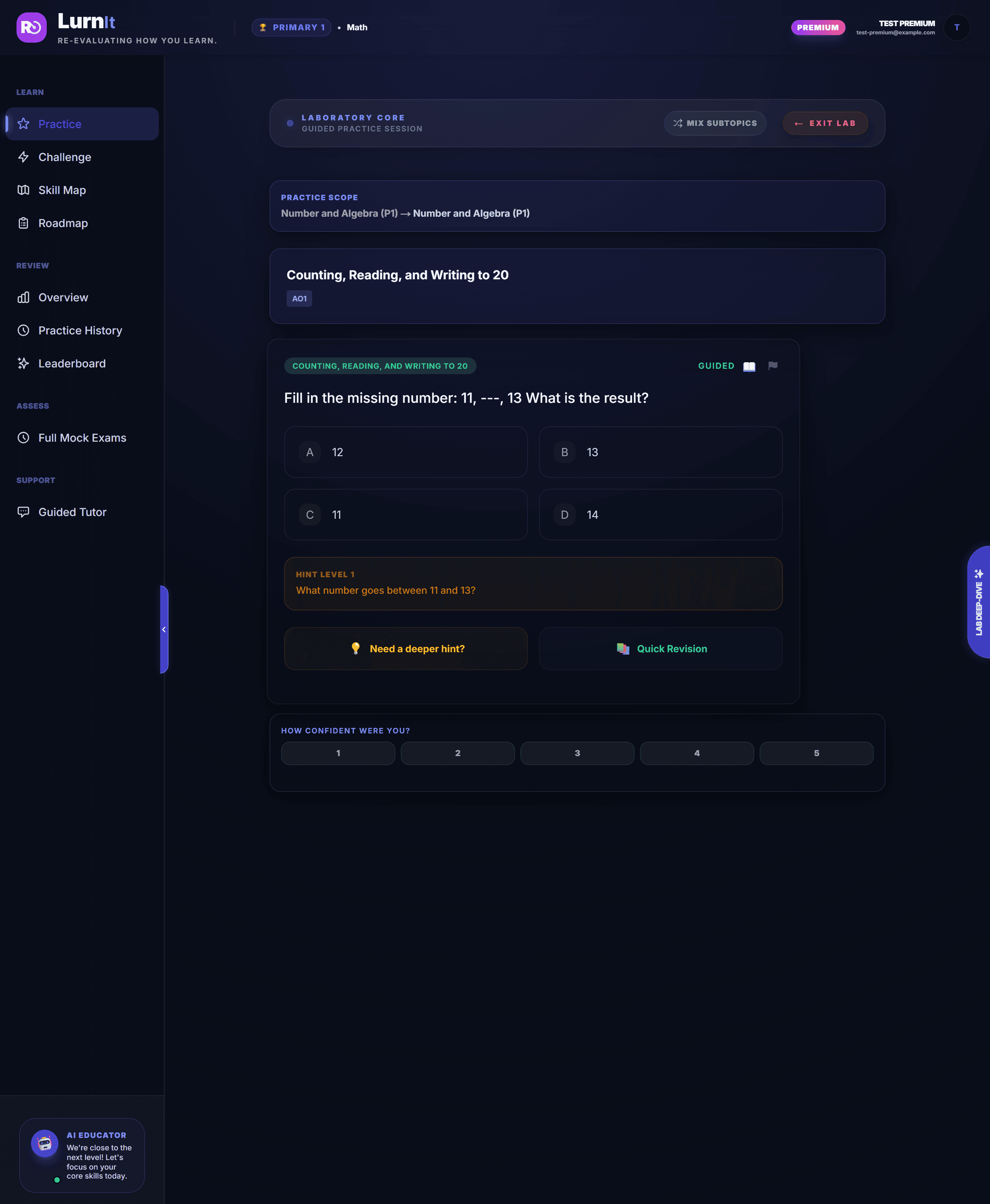 LurnIt practice screen: a fraction question with answer choices and hint scaffolding
